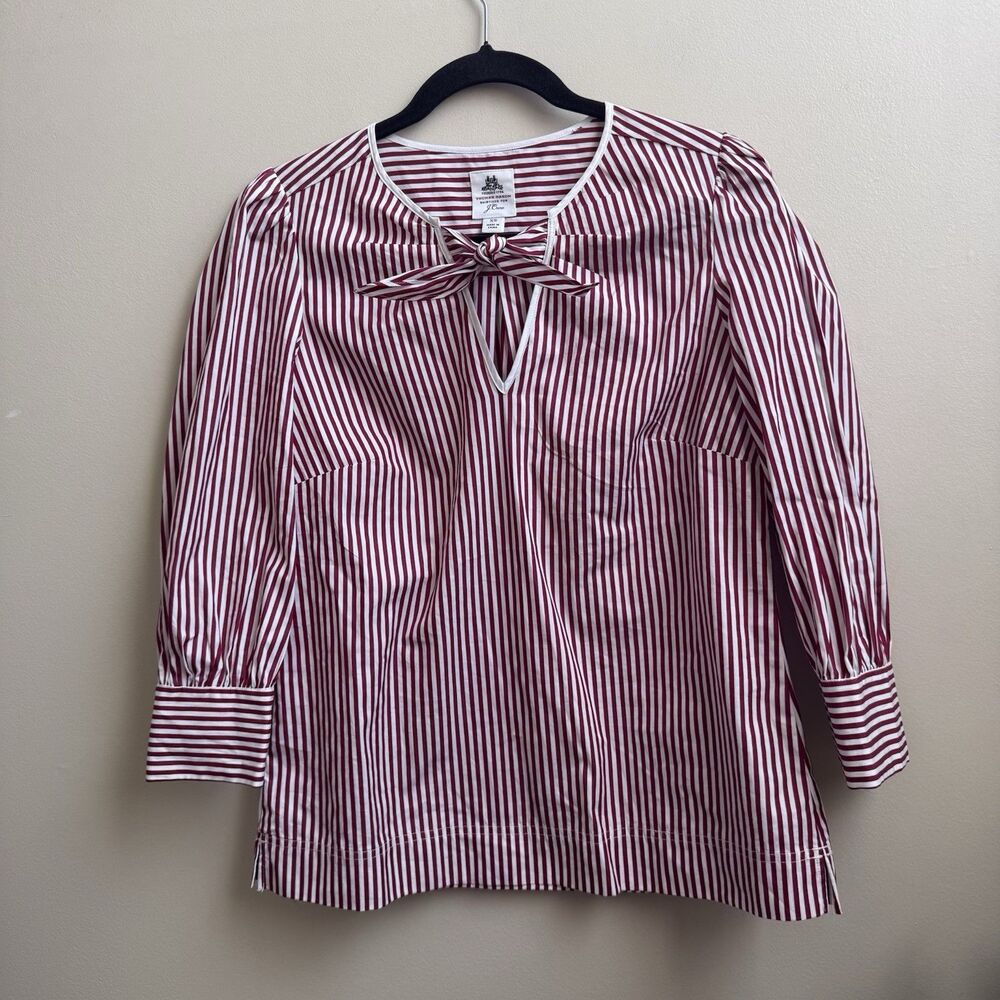 J.Crew Thomas Mason Shirting 3/4 Sleeve Tie Neck Shirt Red White Stripe Sz XS